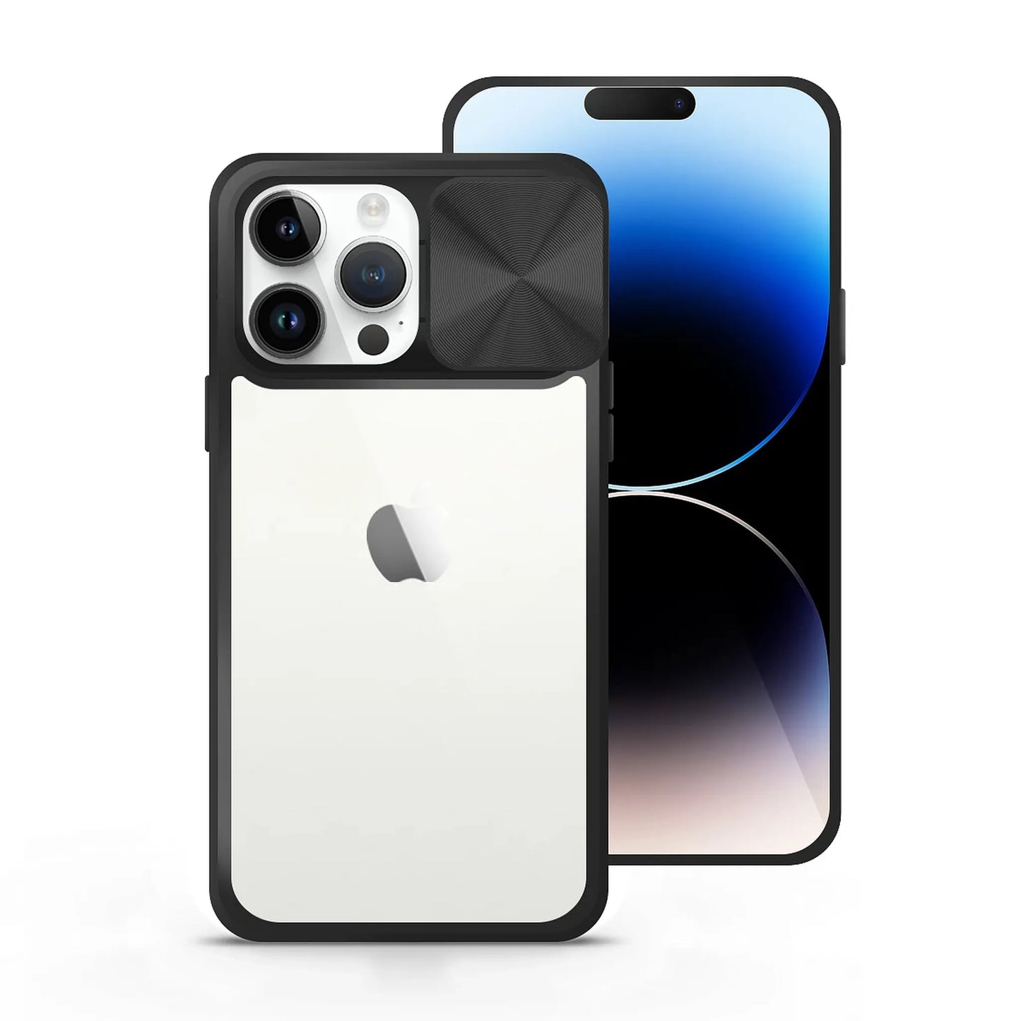 Премиум твърд калъф — IPhone –плъзгащ капак на камерата – прозрачен с черен цвят – защита със стил