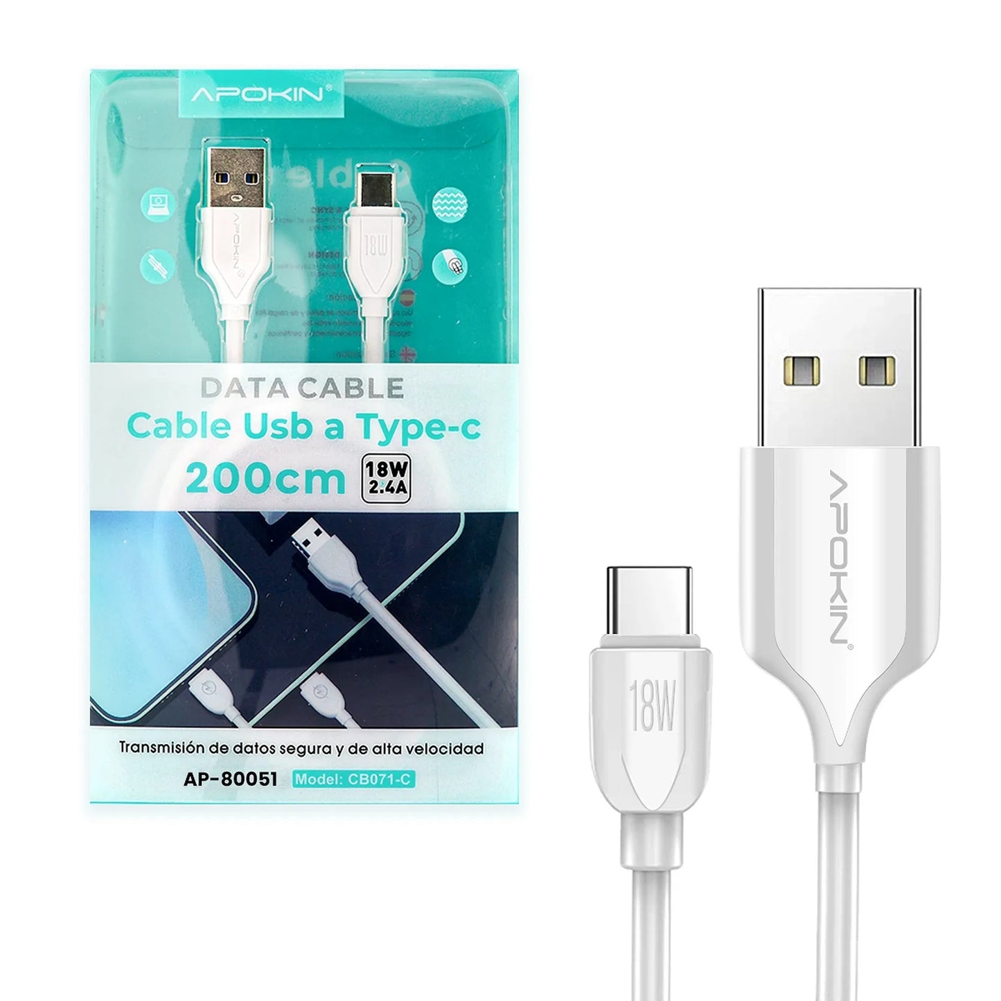 Кабел за данни и бързо зреждане— 3.0A USB (2.4А) към Type-C (2 м.)—Бяло