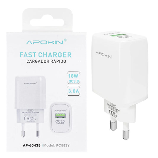 USB-A Зарядно 18W/3.0A APOKIN PC883Y — Бялo