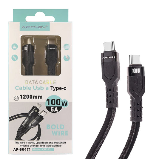Оплетен кабел Type-C→Type-C— PD 1,2 метра 100W (5A)—Черен